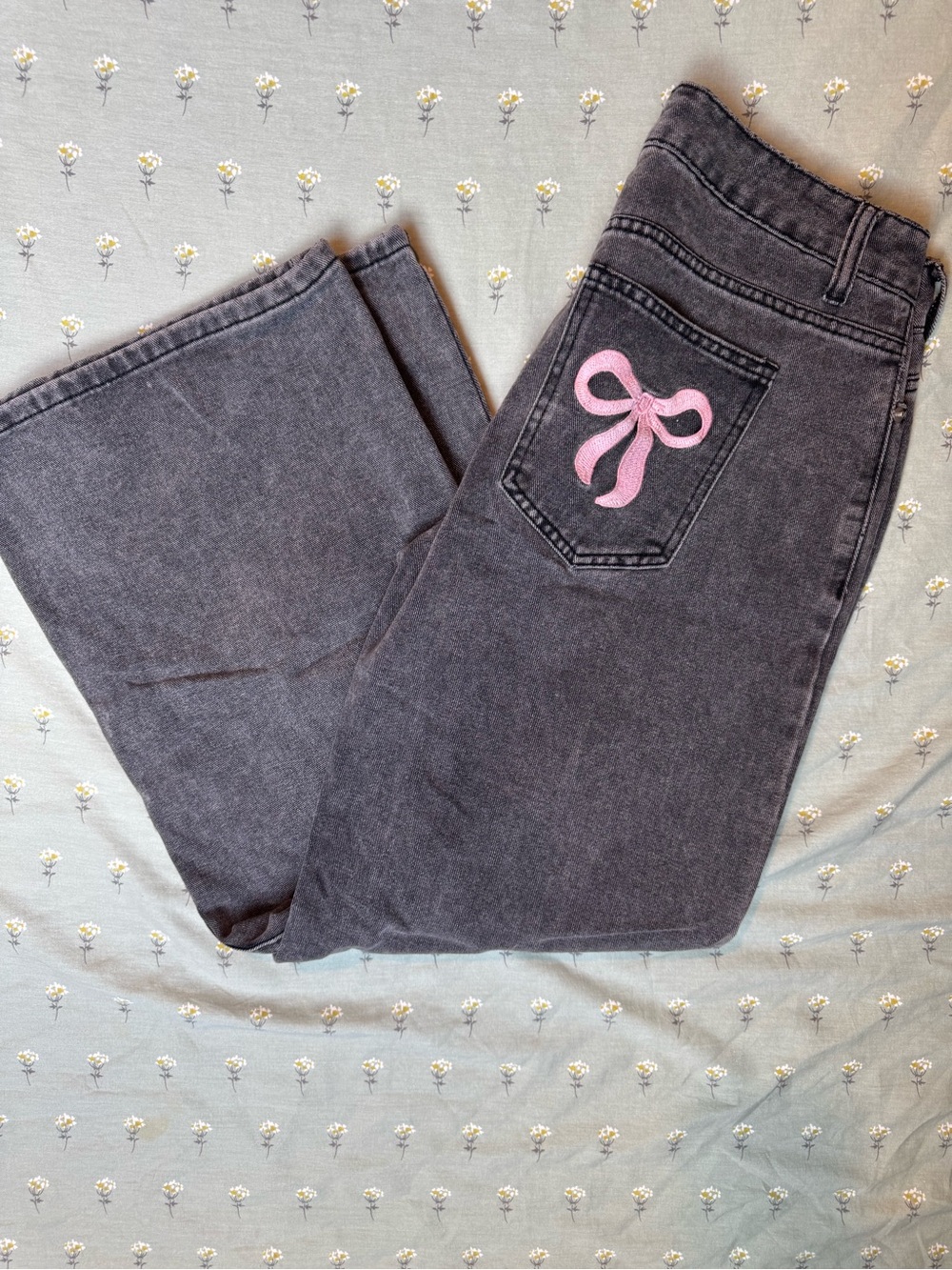 J for Justify Charcoal Flare Jeans with Pink Bow Embroidery